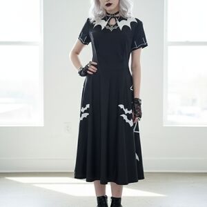 Dolls Kill Black Midi Dress with White Bat Accents